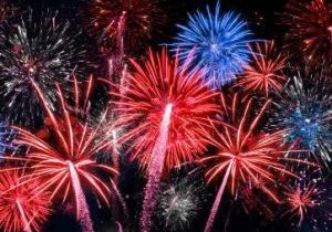 USA america united states new year or Independence Day celebration holiday background greeting card - Blue red white firework on dark night sky